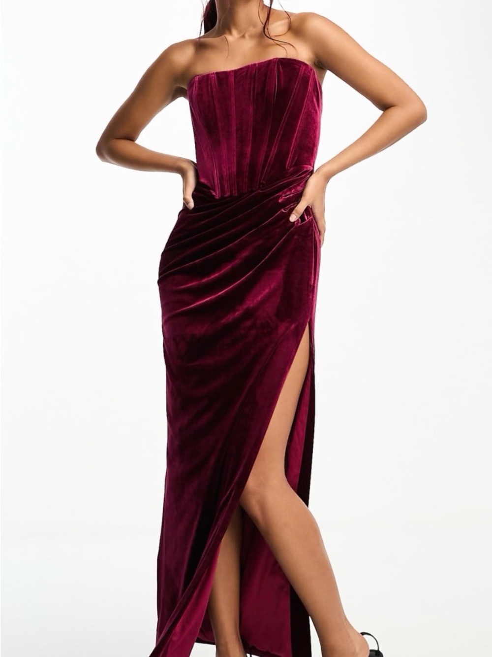 Bardot Everlasting Velour Midi Dress in Burgandy - Small /4